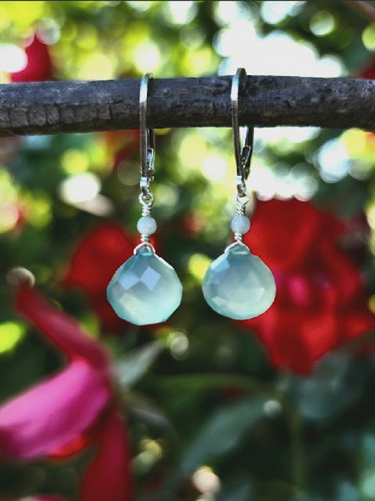 Chalcedony is a nurturing stone, absorbing & dissipating negative energy and bringing mind, body and spirit into harmony.  These beautiful aqua colored chalcedony drop earrings with amazonite bead will bring emotional balance and vitality.  Lever back closer.  Length: 3/4"