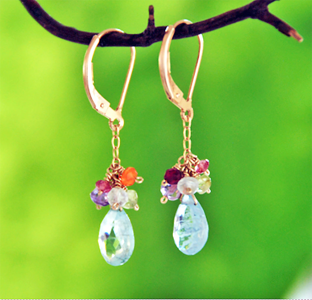 A colorful bouquet of silver wire wrapped precious and semi-precious stone beads of sapphire, carnelian, peridot, lemon quartz, ruby, and amethyst with larger rose quartz drop earrings.  Lever back and also available in gold filled.  Length: 1.5"