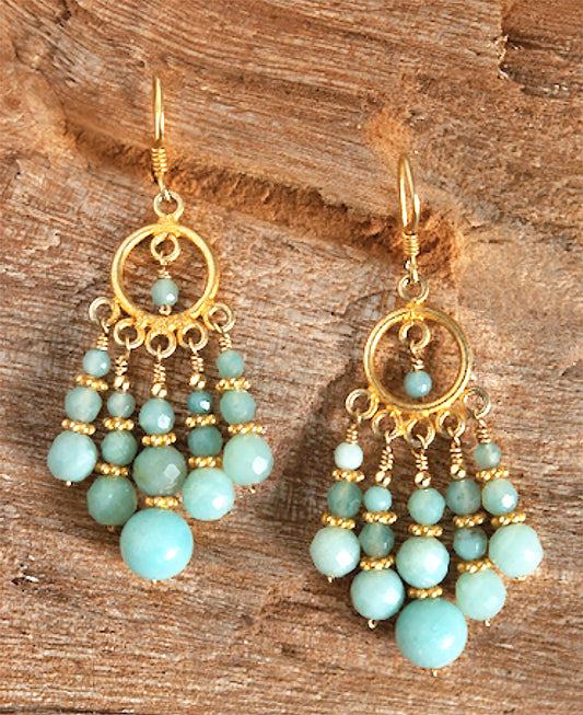 Gorgeous, hand wrapped, gemstone chandelier earrings in a variety of semi-precious and precious stones depending on availability. Please send us an email with your gemstone preference with either silver or gold vermeil. Shown: Peruvian Opal in gold vermeil. Dimensions: Width: (widest part) 1 1/4" x Length: 1 1/2" Clean with soft brush or cloth, using mild dish soap and lukewarm water Made in California