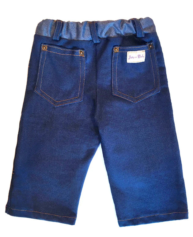 Our classic, soft denim jean with reinforced knee padding is constructed inside with lining.  The perfect pant for active crawlers or tumbling tots.  Contrast top stitching, copper rivets, elastic waist, and back pockets for little treasures.