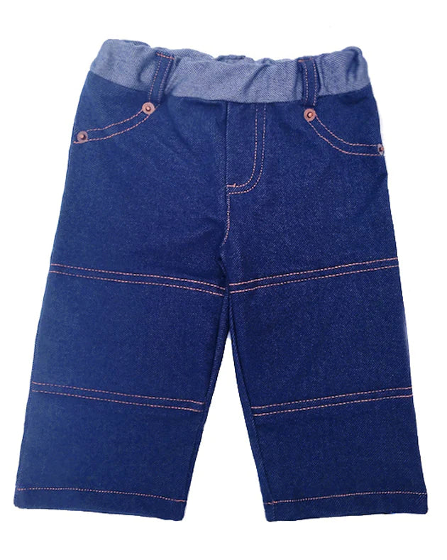 Our classic, soft denim jean with reinforced knee padding is constructed inside with lining.  The perfect pant for active crawlers or tumbling tots.  Contrast top stitching, copper rivets, elastic waist, and back pockets for little treasures.