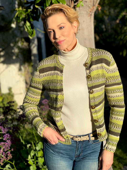 Button-down hand-knit sweater in a beautiful sage green stripe pattern