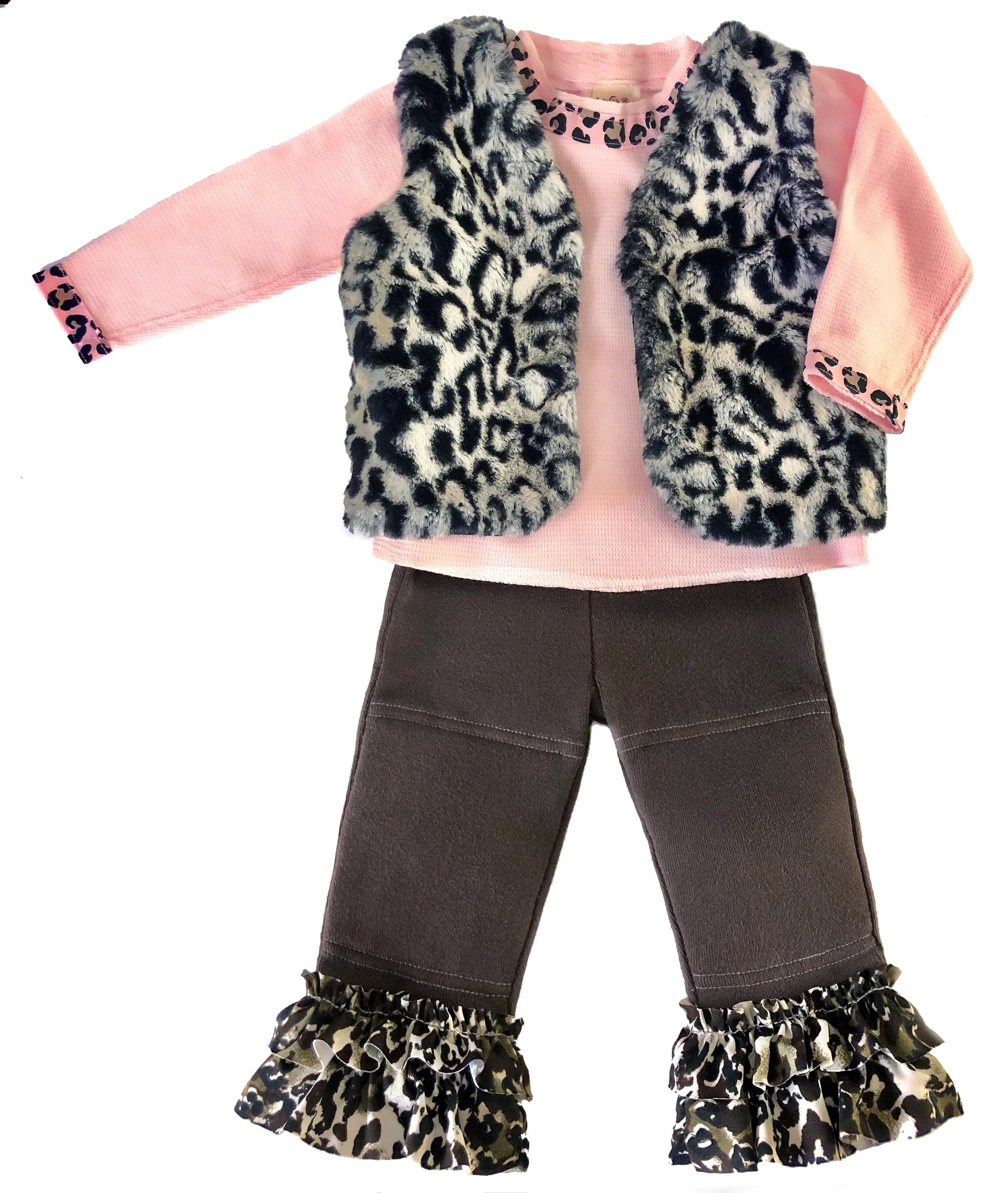 Most popular... our soft, sustainable combed cotton, rib knit legging with fully lined padded knee design. Leopard print ruffle trim in Lycra. Pair with reversible leopard cuddle vest to complete the look.